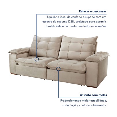 Sofá 5 Lugares Espanha Retrátil e Reclinável 290cm Bege Claro - Celflex