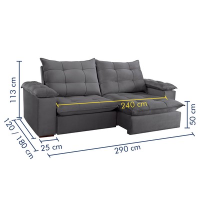 Sofá 5 Lugares Espanha Retrátil e Reclinável 290cm Cinza - Celflex