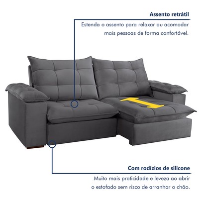 Sofá 5 Lugares Espanha Retrátil e Reclinável 290cm Cinza - Celflex