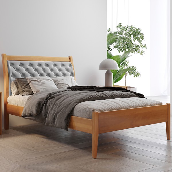 Cama de Solteiro Vivare 90cm Amêndoa Mel/Veludo Cinza - Josandro
