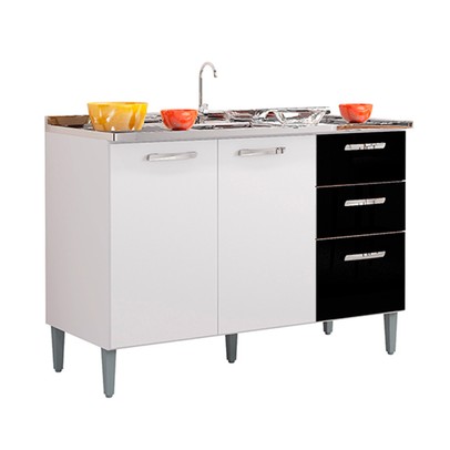 Balcão de Cozinha para Pia 3 Portas 2 Gavetas Branco/Preto 508 - Poquema