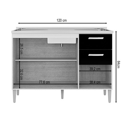 Balcão de Cozinha para Pia 3 Portas 2 Gavetas Branco/Preto 508 - Poquema
