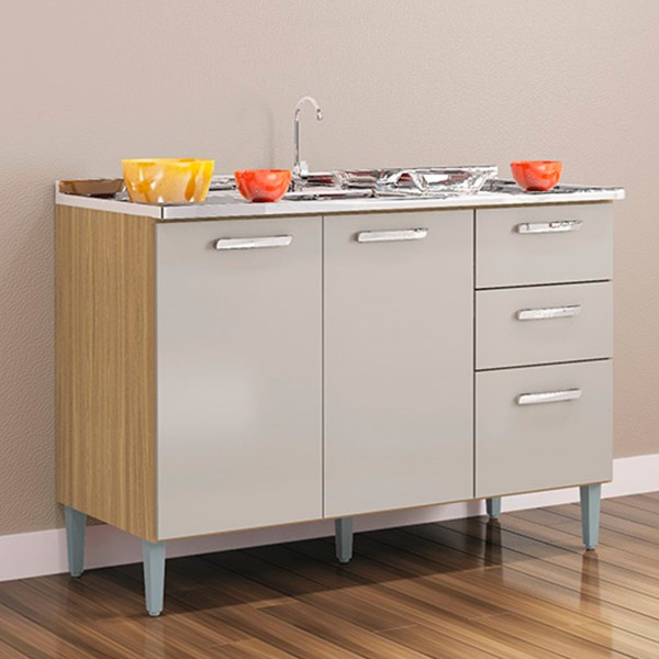 Balcão de Cozinha para Pia 3 Portas 2 Gavetas Damasco/Off White 508 - Poquema