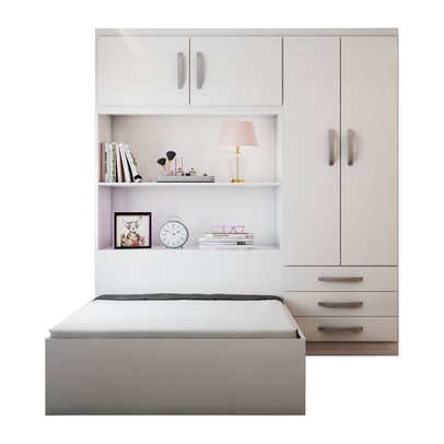 Guarda-Roupa Solteiro com Cama Liverpool 4 Portas 3 Gavetas Branco - Panorama Móveis