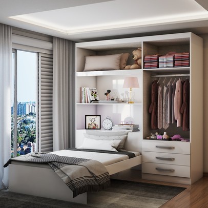 Guarda-Roupa Solteiro com Cama Liverpool 4 Portas 3 Gavetas Branco - Panorama Móveis