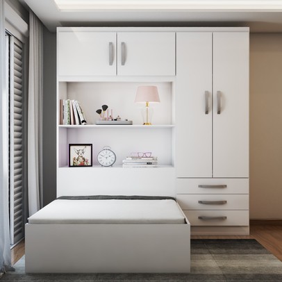 Guarda-Roupa Solteiro com Cama Liverpool 4 Portas 3 Gavetas Branco - Panorama Móveis