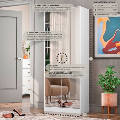 Sapateira Grife 2 Portas 1 Gaveta com Espelho Branco - Demóbile