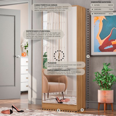 Sapateira Grife 2 Portas 1 Gaveta com Espelho Amêndola Touch - Demóbile