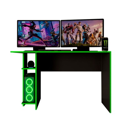Mesa Gamer Vênus 2 Prateleiras Preto Fosco/Verde - Panorama Móveis
