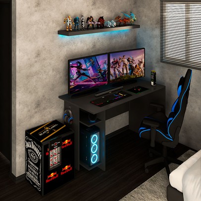 Mesa Gamer Vênus 2 Prateleiras Preto Fosco - Panorama Móveis