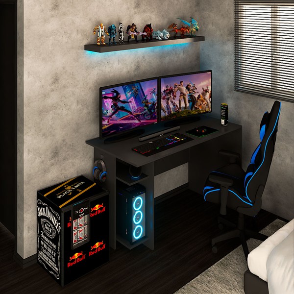 Mesa Gamer Vênus 2 Prateleiras Preto Fosco - Panorama Móveis