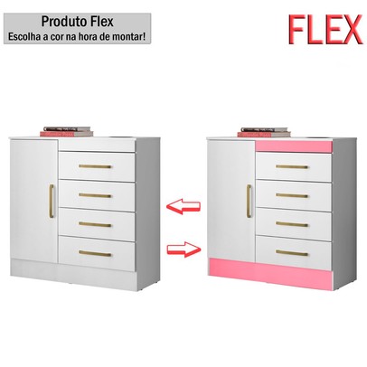 Cômoda Montevidéu 1 Porta 4 Gavetas Flex Branco/Rosa - Demóbile