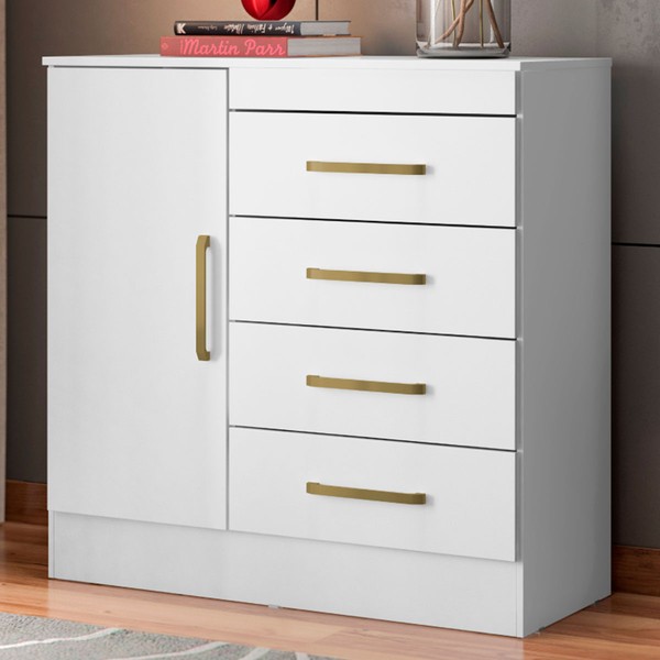 Cômoda Montevidéu 1 Porta 4 Gavetas Flex Branco/Rosa - Demóbile