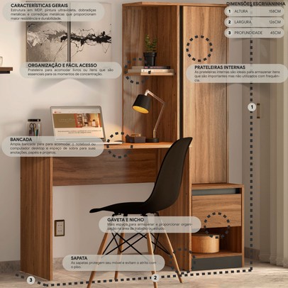Mesa Escrivaninha com Armário Morada 1 Porta 1 Gaveta Amêndola Touch/Grafito - Demóbile
