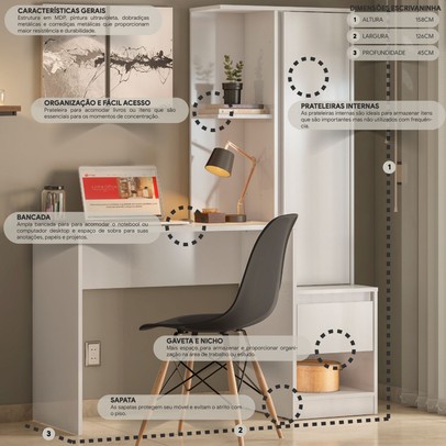 Mesa Escrivaninha com Armário Morada 1 Porta 1 Gaveta Branco - Demóbile