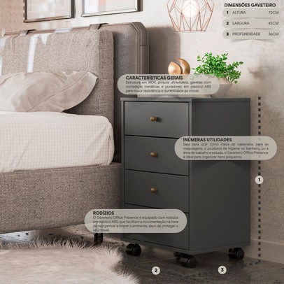 Gaveteiro Office Presence 4 Gavetas Amêndola Touch/Grafito - Demóbile