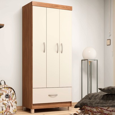 Guarda-Roupa Solteiro Prince 3 Portas 1 Gaveta Amêndola Touch/Off White - Demóbile