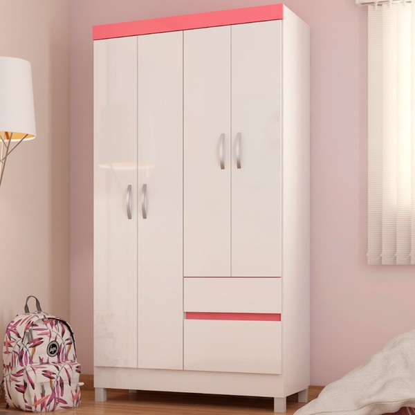 Guarda-Roupa Lótus 4 Portas 2 Gavetas Flex Branco/Rosa - Demóbile