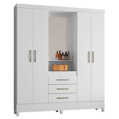 Guarda-Roupa Solteiro Pérsia 4 Portas 3 Gavetas com Espelho Flex Branco/Rosa - Demóbile