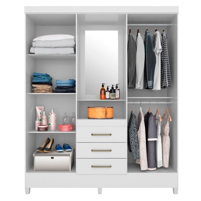 Guarda-Roupa Solteiro Pérsia 4 Portas 3 Gavetas com Espelho Flex Branco/Rosa - Demóbile