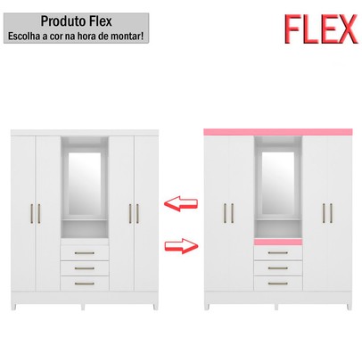 Guarda-Roupa Solteiro Pérsia 4 Portas 3 Gavetas com Espelho Flex Branco/Rosa - Demóbile