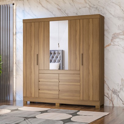 Guarda-Roupa Casal Cádis 4 Portas 6 Gavetas com Espelho Amêndola Touch - Demóbile