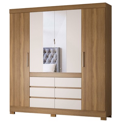Guarda-Roupa Casal Cádis 4 Portas 6 Gavetas com Espelho Amêndola Touch/Off White - Demóbile