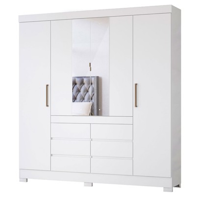 Guarda-Roupa Casal Cádis 4 Portas 6 Gavetas com Espelho Branco - Demóbile