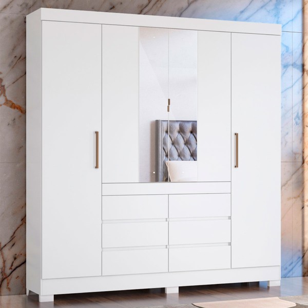 Guarda-Roupa Casal Cádis 4 Portas 6 Gavetas com Espelho Branco - Demóbile