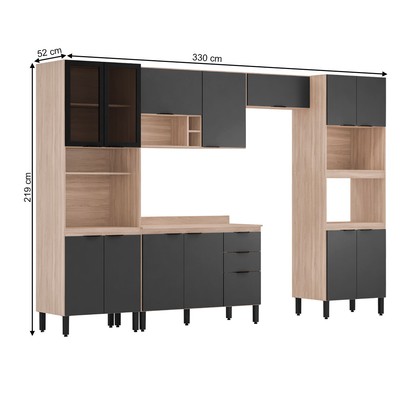 Cozinha Completa Firenze 14 Portas 2 Gavetas com Vidro Avena Touch/Grafito - Demóbile
