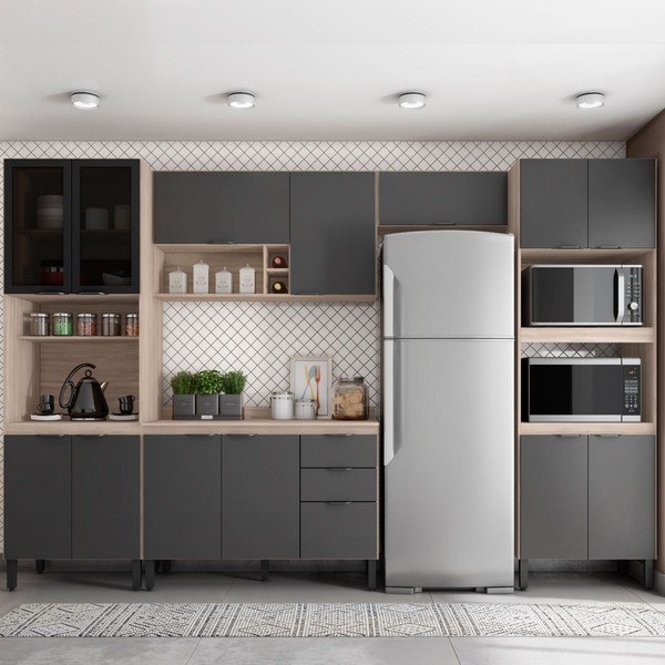 Cozinha Completa Firenze 14 Portas 2 Gavetas com Vidro Avena Touch/Grafito - Demóbile