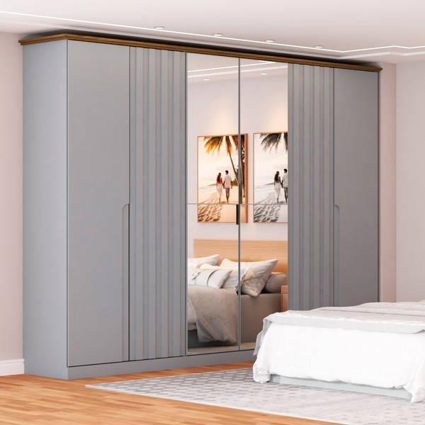 Guarda-Roupa Casal Rio com Espelho 6 Portas 6 Gavetas Cinza/Nature - Panorama Móveis