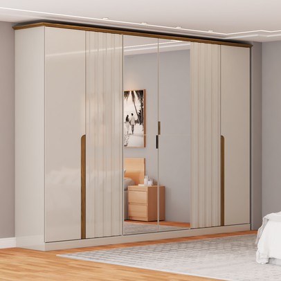 Guarda-Roupa Casal Rio com Espelho 6 Portas 6 Gavetas Off White/Nature - Panorama Móveis