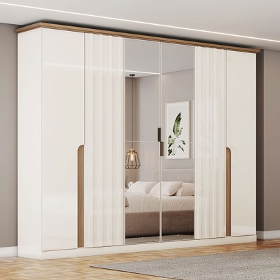 Guarda-Roupa Casal Rio com Espelho 6 Portas 6 Gavetas Off White/Nature - Panorama Móveis