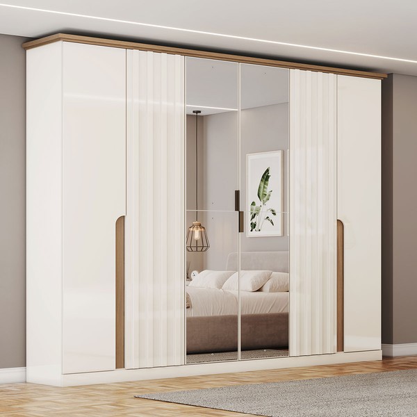 Guarda-Roupa Casal Rio com Espelho 6 Portas 6 Gavetas Off White/Nature - Panorama Móveis