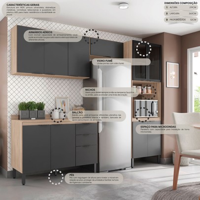 Cozinha Completa Firenze 11 Portas 2 Gavetas Avena Touch/Grafito - Demóbile