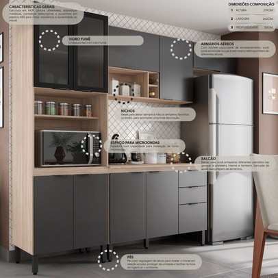 Cozinha Completa Firenze 10 Portas 2 Gavetas Avena Touch/Grafito - Demóbile