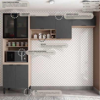 Cozinha Compacta Firenze 7 Portas Avena Touch/Grafito - Demóbile