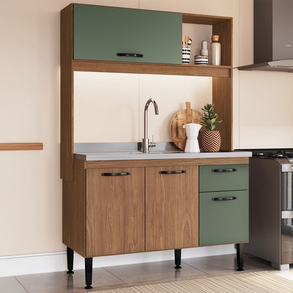 Cozinha Compacta Katy 4 Portas 1 Gaveta Freijó/Oliva - Irm Móveis