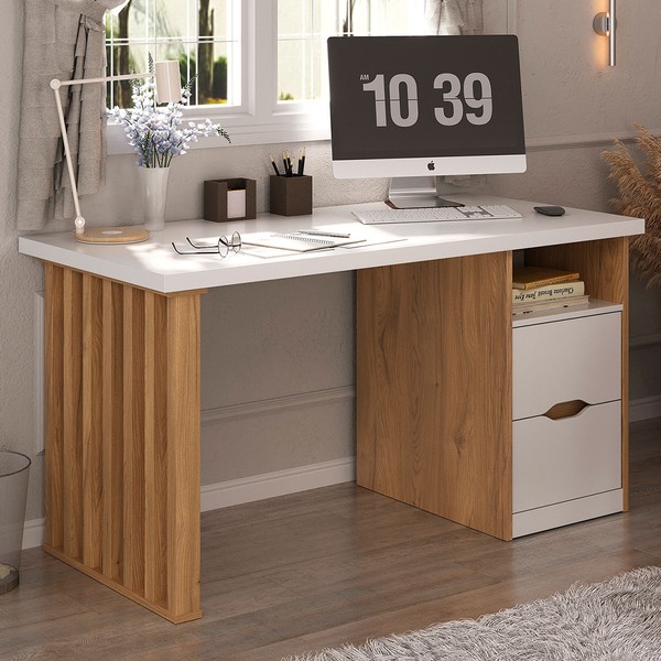 Mesa Escrivaninha Florence 2 Gavetas Branco/Olmo - Artany Móveis