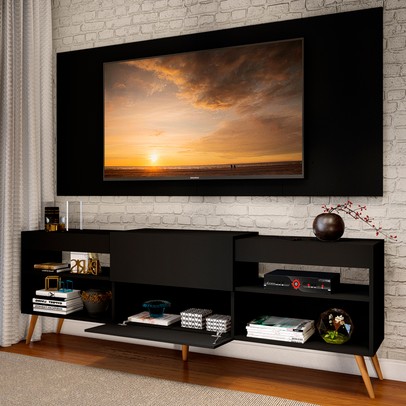 Rack com Painel TV Até 60 Polegadas Milão 1 Porta Preto - Pm