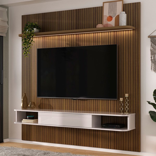 Painel para TV Até 75 Polegadas Grécia 1 Porta com Led Ripado 3d Pinho/Off White - Pnr Móveis