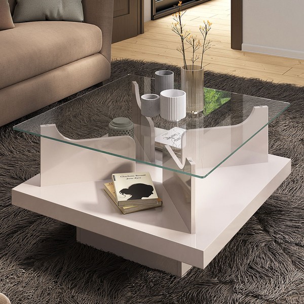 Mesa de Centro Clara com Tampo de Vidro Off White - Pnr Móveis