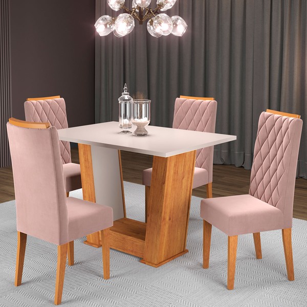 Mesa de Jantar 4 Lugares Squash Mel/Blonde/Veludo Rosa - Viero Móveis