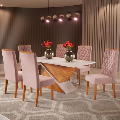 Mesa de Jantar 6 Lugares Poliana Mel/Blonde/Veludo Rosa - Viero Móveis