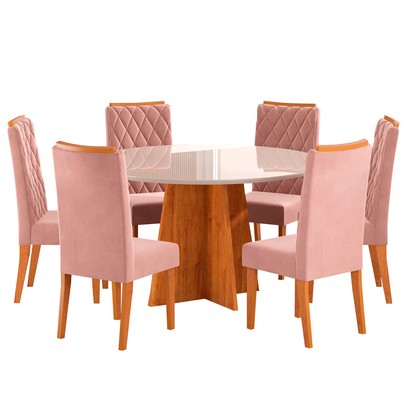 Mesa de Jantar 6 Lugares Virginia com Vidro Mel/Off White/Veludo Rosa - Viero Móveis