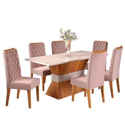 Mesa de Jantar 6 Lugares Las Vegas Mel/Blonde/Veludo Rosa - Viero Móveis