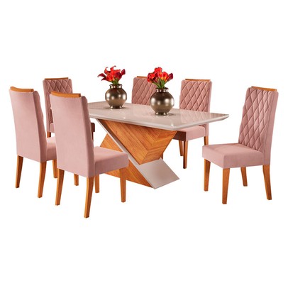 Mesa de Jantar 6 Lugares Mira Mel/Veludo Rosa/Off White - Viero Móveis