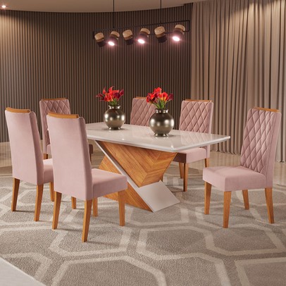 Mesa de Jantar 6 Lugares Mira Mel/Veludo Rosa/Off White - Viero Móveis