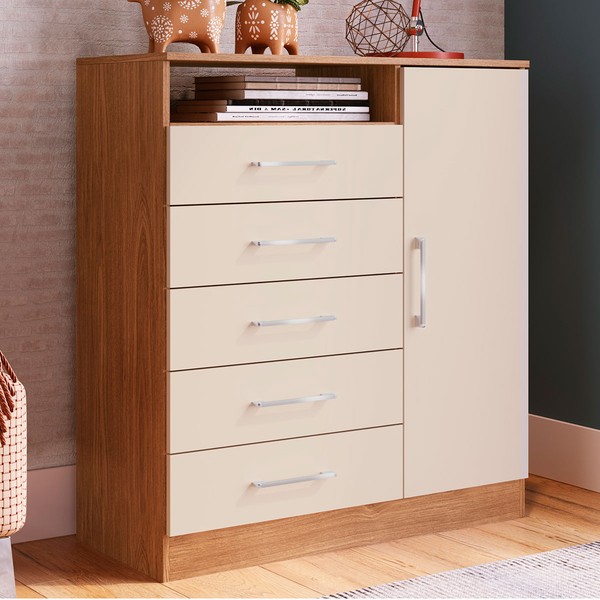 Cômoda Rubi 1 Porta 5 Gavetas Freijó/Off White - Irm Móveis